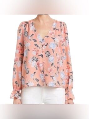 Joie Floral Long Blouson Sleeve V Neck Button Up Ruffle Cuff Blouse Top, Size XS
